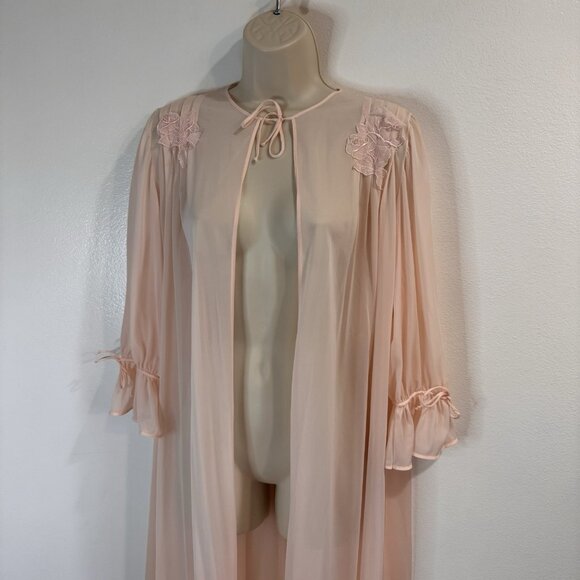 Vintage 1950s 1960s Peignor Robe Nightgown M Pink Chiffon Floral Pleated Pearls - Picture 2 of 9
